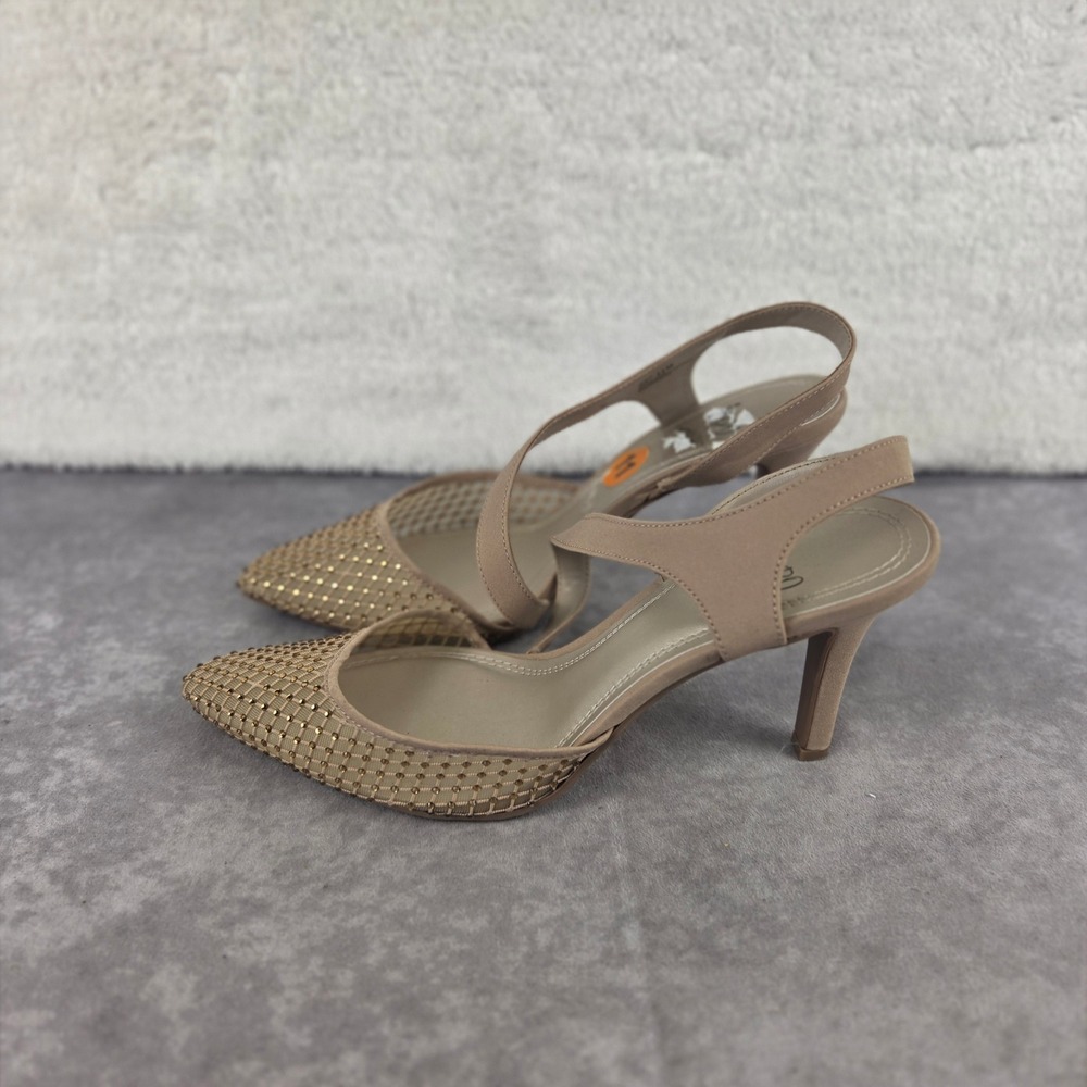 Impo Teyana Taupe Slingback Heels Gold Stud Mesh Pointed Toe Pumps Size 11M